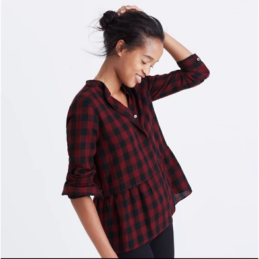 Madewell Peplum Checked Cotton Linen Button Down Shirt - Picture 1 of 13